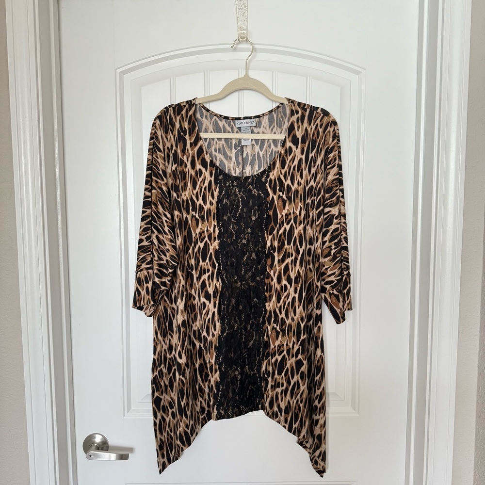 Catherines Animal Print Tunic Size 1X 18/20 3/4 Sleeve Lace Detail Boho Chic